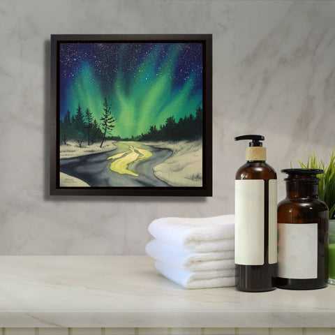 Silent Fire, watercolour by Karen Richarsdson, in a bathroom setting