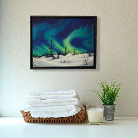 Passing Through, watercolour by Karen Richardson, shown in a bathroom setting