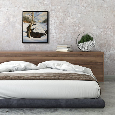 Winter's Embrace, watercolour by Karen Richardson, in a bedroom setting