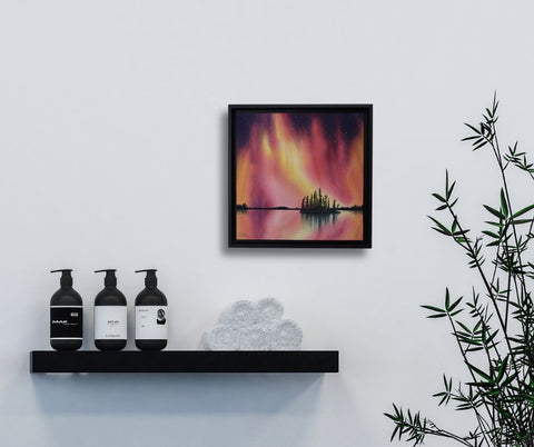 Evensong, watercolour by Karen Richardson, in a bathroom setting