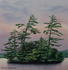 A watercolor painting of a small island with tall green pine trees under a soft pink, purple, and blue sky, with calm water in the foreground. Titled Evening Magic by Karen Richardson