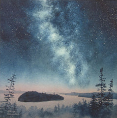 A painting of Lake Superior islands under a starry night sky with the Milky Way, titled Starlit Shores, by Karen Richardson.