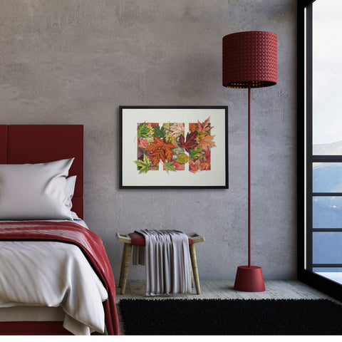 Autumn Extravagance, watercolour by Karen Richardson, shown in a bedroom