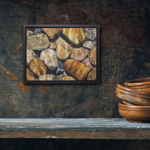 Underwater Allure, watercolour by Karen Richardson, shown in a rustic kitchen