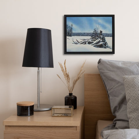 Winter on Lake Kashwakamak, watercolour by Karen Richardson, shown in a bedroom