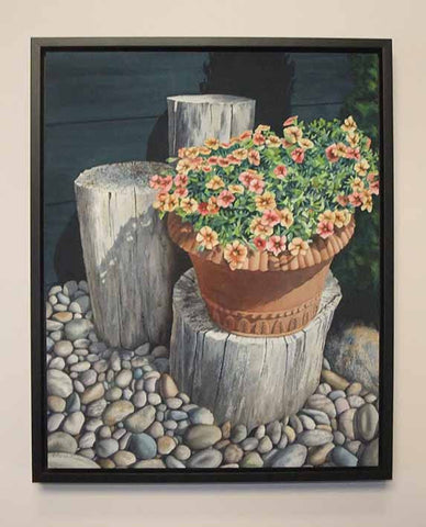 Petunias, Posts & Pebbles, watercolour on panel, 20" x 16" (SOLD)