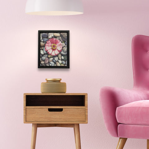Zinnia on the Rocks, watercolour by Karen Richardson, shown in a living room
