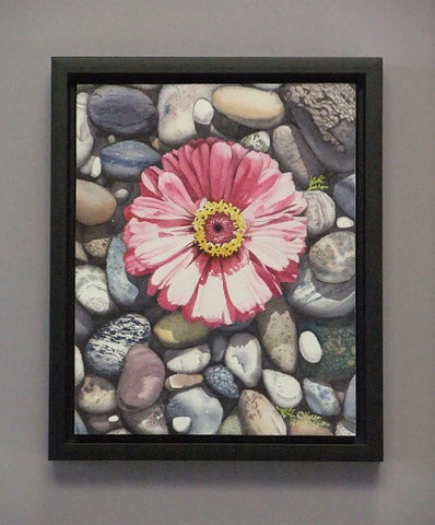 Zinnia on the Rocks, watercolour by Karen Richardson