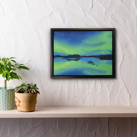 Splendour of the North, watercolour by Karen Richardson, shown above a shelf