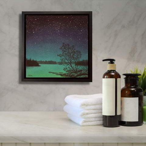 Starlight Lake, watercolour by Karen Richardson, in a bathroom setting