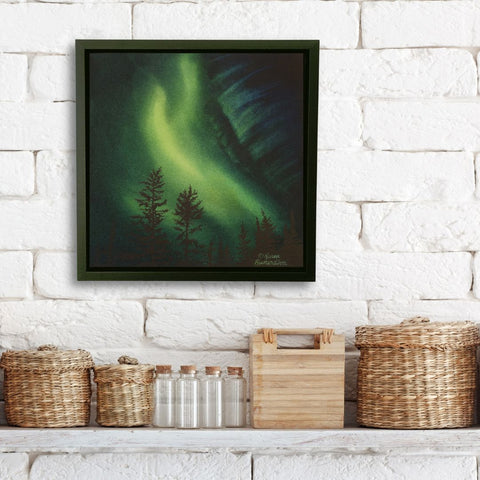 Whispers in the Dark, watercolour by Karen Richardson, shown in a kitchen setting