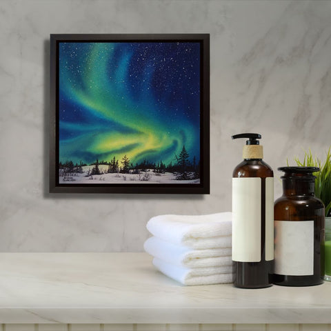 Northern Majesty, watercolour by Karen Richardson, in a bathroom setting