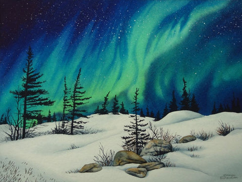 Dancing With the Stars by Karen Richardson.
Painting of Aurora borealis over a snowy landscape with trees and rocks.
