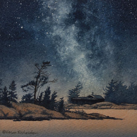 Painting of a starry night sky over a silhouette of trees and a cabin, titled Finding Peace, by Karen Richardson.