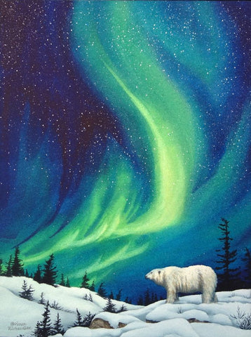 Guardian of the Night by Karen Richardson
Framed artwork of a polar bear under a Northern Lights sky.