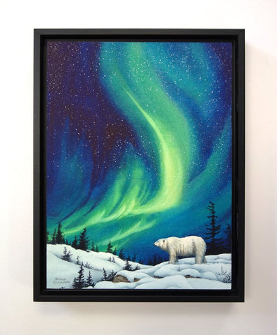 Guardian of the Night by Karen Richardson
Framed artwork of a polar bear under a Northern Lights sky.