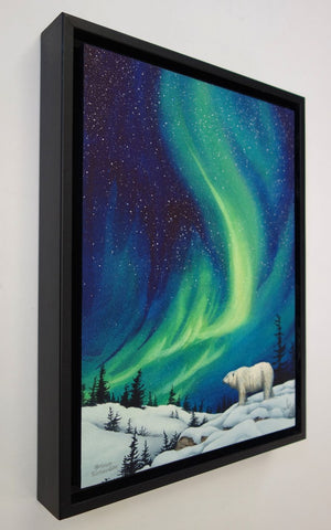 Guardian of the Night by Karen Richardson
Framed artwork of a polar bear under a Northern Lights sky.