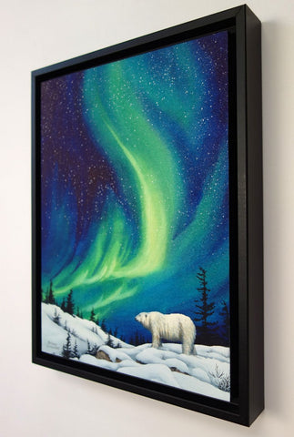 Guardian of the Night by Karen Richardson
Framed artwork of a polar bear under a Northern Lights sky.