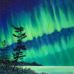 Guardian of the Sky by Karen Richardson.
Painting of aurora borealis over a silhouette of trees against a starry night sky.
