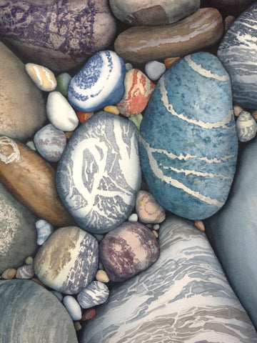 Love Changes Everything by Karen Richardson (detail).
Framed artwork of pebbles with a dragonfly.