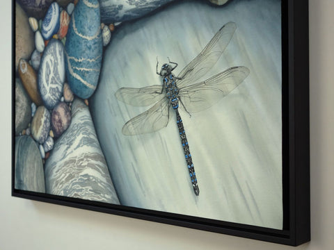 Love Changes Everything by Karen Richardson (detail).
Framed artwork of pebbles with a dragonfly.