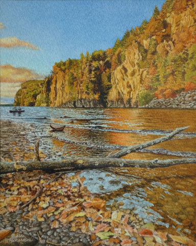 Landscape painting of a lake, cliffs, and trees with autumn colours, titled Mazinaw Majesty by Karen Richardson