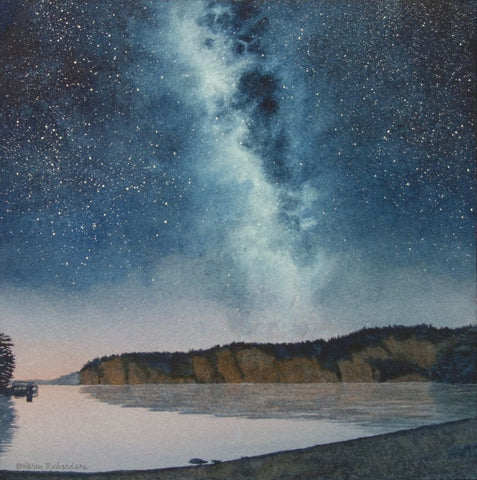 Painting of a starry night sky over a lake with cliffs and trees, titled Mazinaw Midnight, by Karen Richardson.