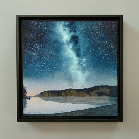 Painting of a starry night sky over a lake with cliffs and trees, titled Mazinaw Midnight, by Karen Richardson.