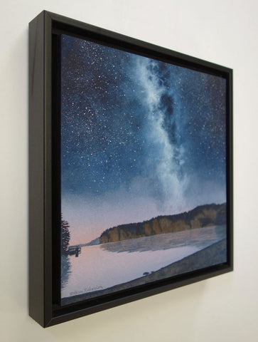 Painting of a starry night sky over a lake with cliffs and trees, titled Mazinaw Midnight, by Karen Richardson.
