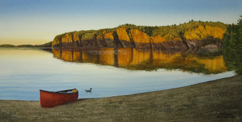 Painting of a red canoe on a beach with a scenic landscape of cliffs and water. Titled Mazinaw Mirror by  Karen Richardson