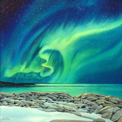 Rhythms of the Night by Karen Richardson.
Painting of northern lights over a rocky shoreline with water below.