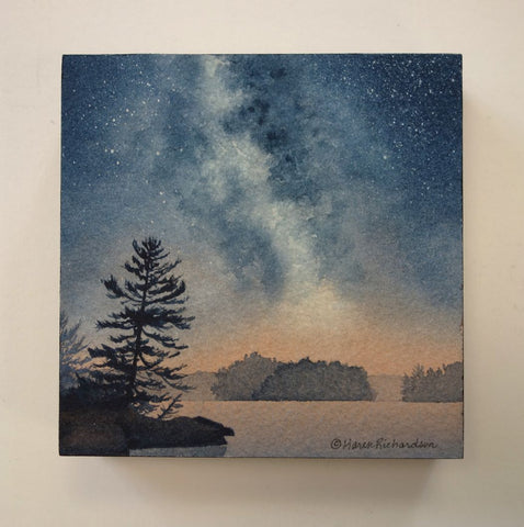 Painting of a starry night sky over a lake with silhouetted trees, titled Stardust, by Karen Richardson