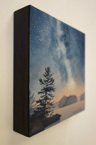 Painting of a starry night sky over a lake with silhouetted trees, titled Stardust, by Karen Richardson