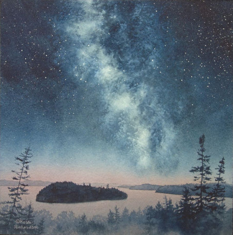 A painting of Lake Superior islands under a starry night sky with the Milky Way, titled Starlit Shores, by Karen Richardson.