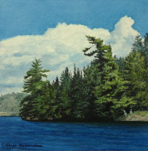 Summer Magic, watercolour of a treed shoreline on a blue lake, by Karen Richardson