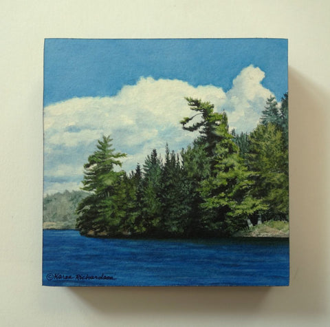 Summer Magic, watercolour of a treed shoreline on a blue lake, by Karen Richardson