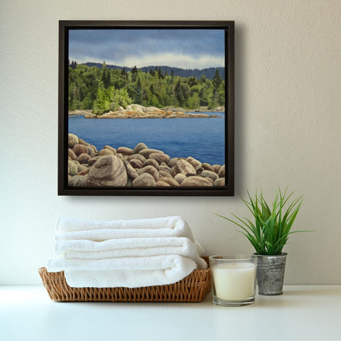 Superior Solitude, painting by Karen Richardson, pictured in a bathroom setting