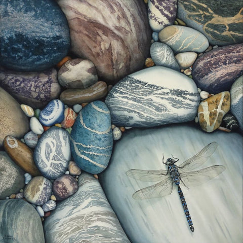Love Changes Everything by Karen Richardson.
Framed artwork of pebbles with a dragonfly.