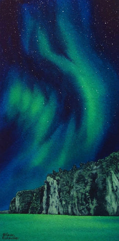 Aurora Borealis over a cliff with a starry night sky. Painting titled Mazinaw Marvel by Karen Richardson