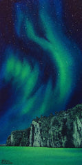 Aurora Borealis over a cliff with a starry night sky. Painting titled Mazinaw Marvel by Karen Richardson