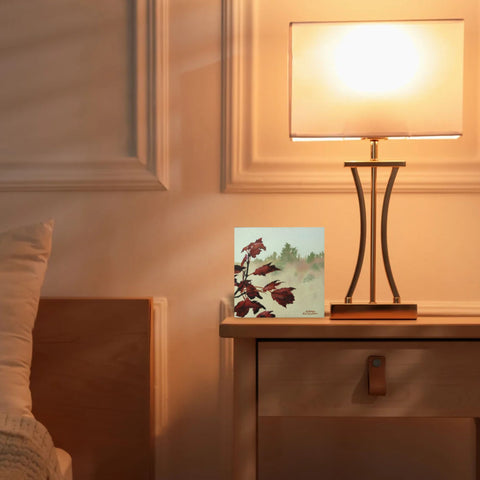 Mist and Maples, painting by Karen Richardson, viewed in a bedroom setting