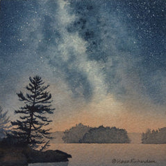 Painting of a starry night sky over a lake with silhouetted trees, titled Stardust, by Karen Richardson