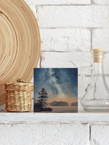 Painting of a starry night sky over a lake with silhouetted trees, titled Stardust, by Karen Richardson, shown on a kitchen shelf setting.