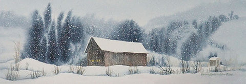 February Farm, 5 x 15", watercolour framed with glass