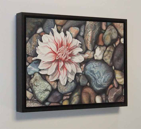 A Dahlia Down, watercolour painting by Karen Richardson (side view with frame)