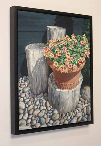 Petunias, Posts & Pebbles, watercolour on panel, 20" x 16" (SOLD)