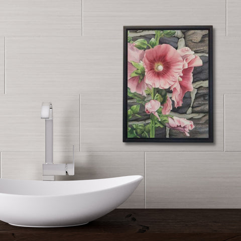 Hollyhock and Stone, watercolour by Karen Richardson, shown in a bathroom